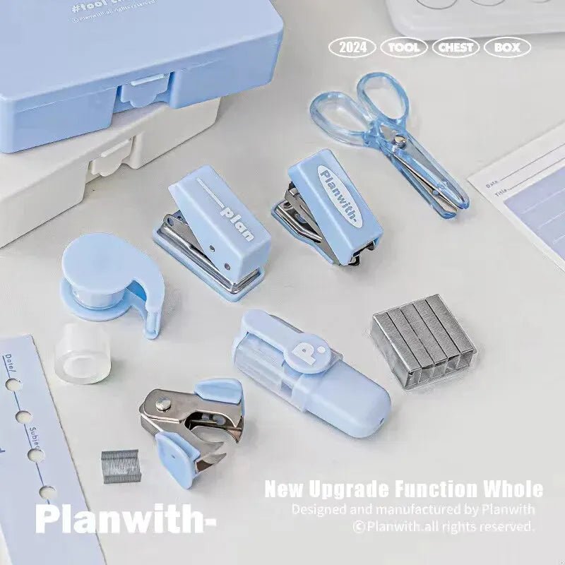 1 Box of Planwith Multifunctional Efficiency Eet Tool Box 8 - Piece Punching Machine Stapler Scissor Tape Machine Hand Ledger - Ammpoure Wellbeing