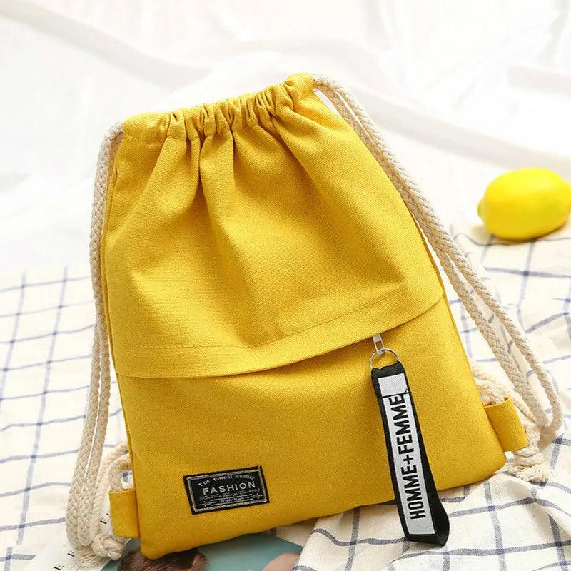 1 Pc Canvas School Bag Double Shoulder Drawstring Backpack Drawstring Pocket Portable Casual Backpack Women Men Travel Backpack - Ammpoure Wellbeing