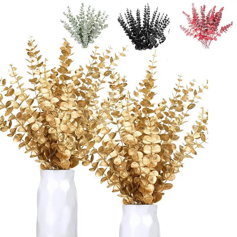 10PCS Gold Eucalyptus Leaf Artificial Plants Diy Christmas Fake Plant Flower Bouquet Ornament Home Garden Party Wedding Decor - Ammpoure Wellbeing