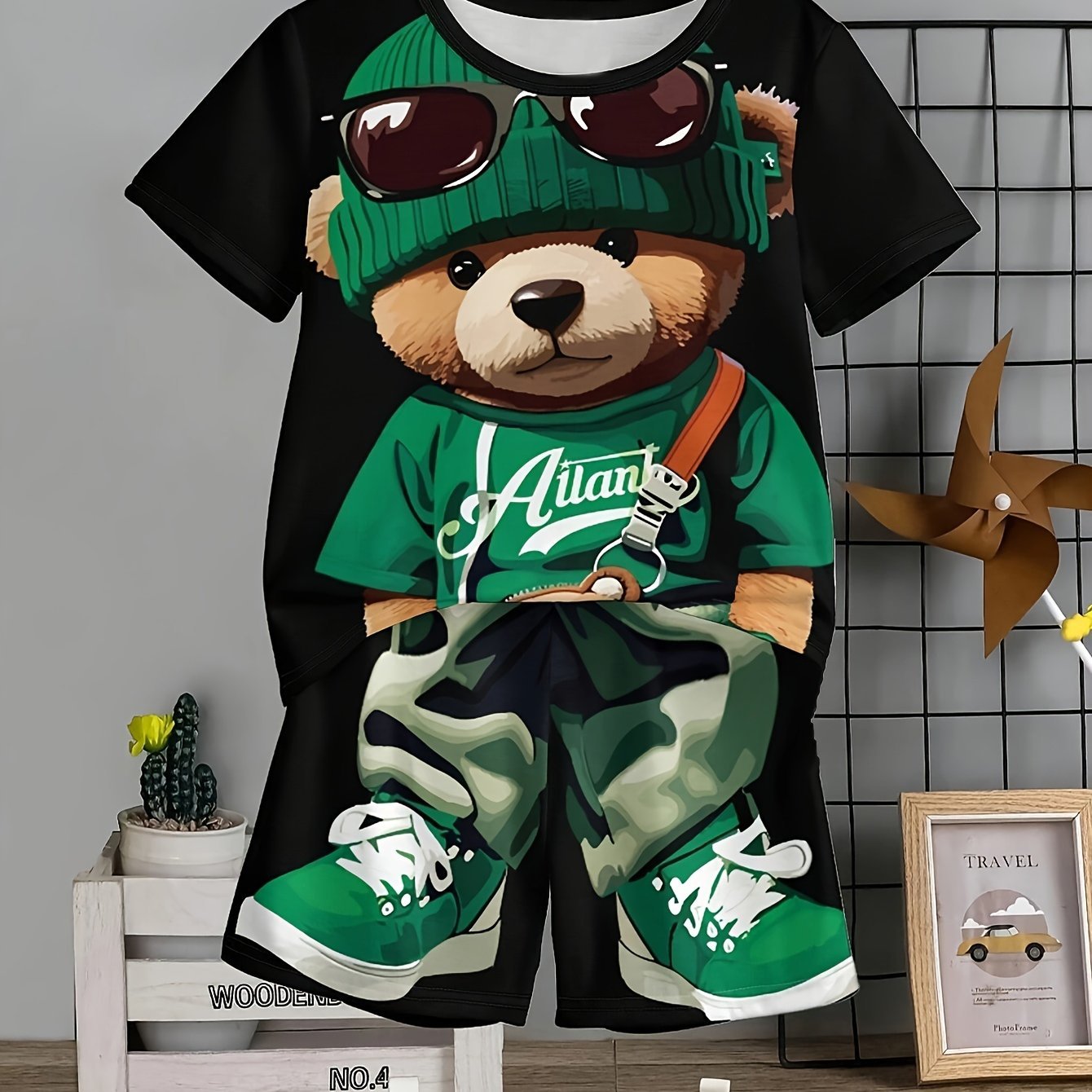 2pcs Boys Fun Cartoon Bear Print Short Sleeve T - shirt & Shorts Set - Ultra - Comfortable, Vibrant, and Versatile Summer Outfit for Active Boys - Complete 2 - Piece Set for a Stylish and Coordinated Look - Ammpoure Wellbeing