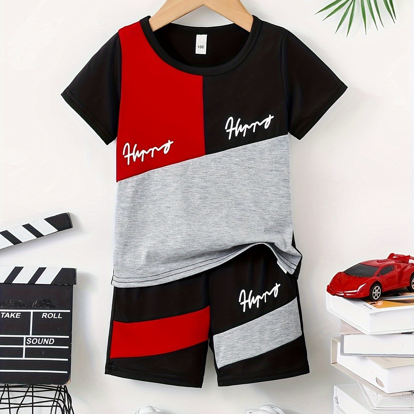 2pcs Boys Trendy Happy Letter Print Colorblock T - shirt & Shorts Set - Comfortable, Lightweight, and Versatile for Fun Summer Days! - Ammpoure Wellbeing