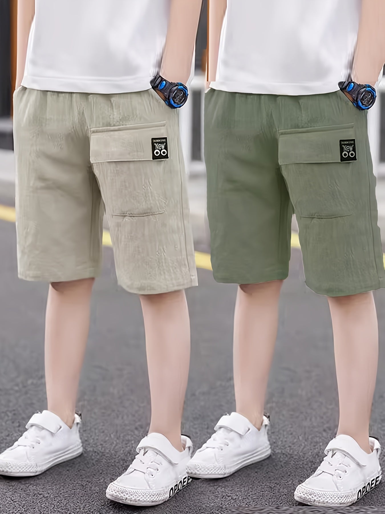 2pcs Boys Ultra - Soft Elastic Waist Solid Cotton Shorts - Trendy & Comfortable, Creative Design for Summer Outdoor Adventures - Ammpoure Wellbeing