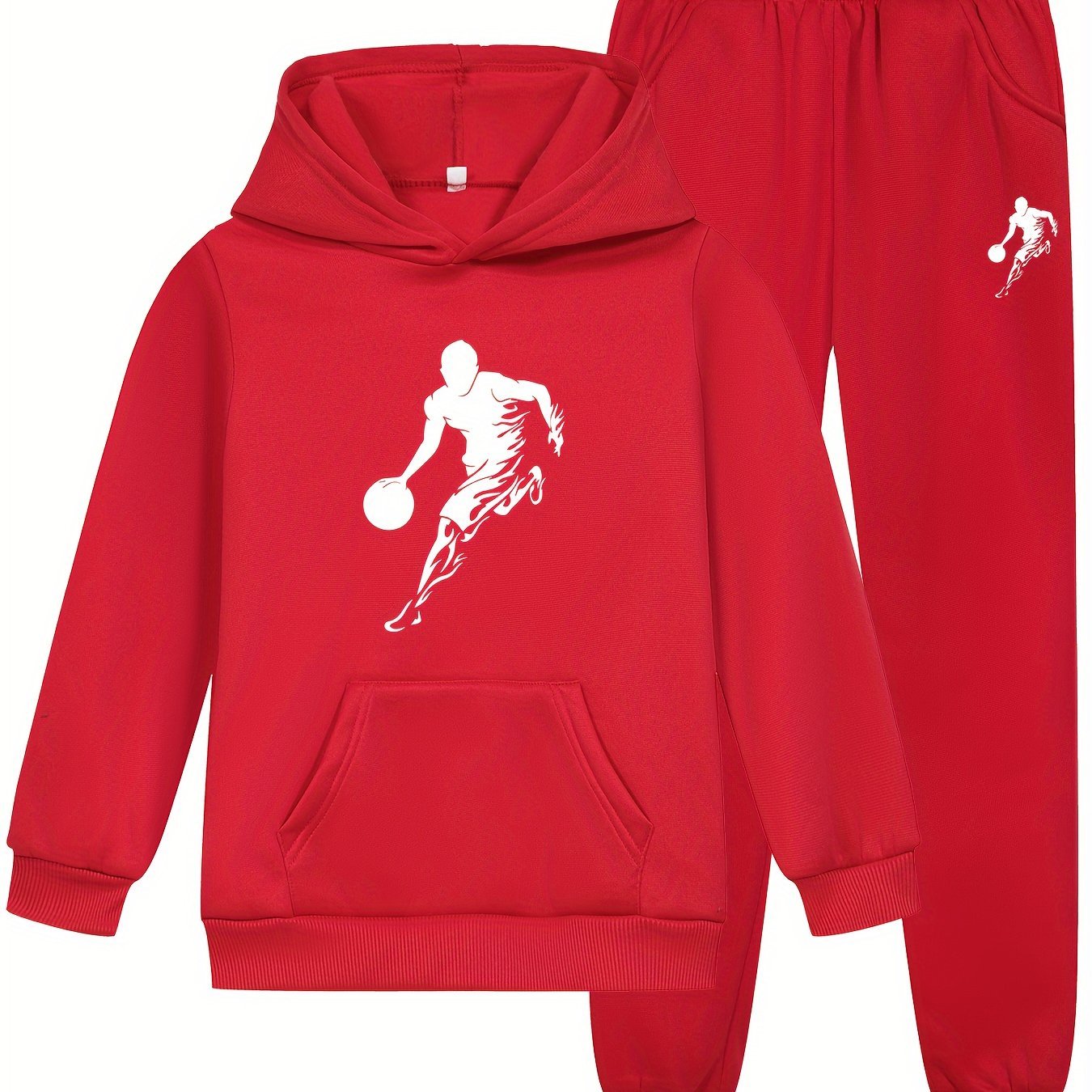 2pcs Vibrant Basketball - Themed Boys Hooded Sweatshirt & Joggers Set - Cozy Athletic Wear for Daily Use and Playdates - Ammpoure Wellbeing