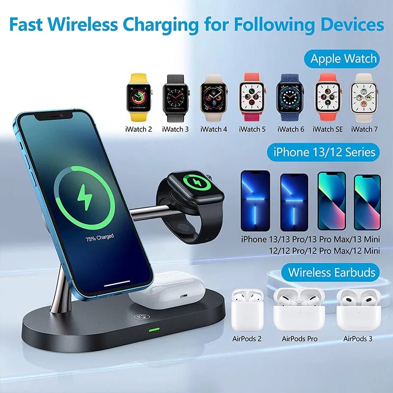 3 in 1 Wireless Charger Stand Magnetic For iPhone 12 13 14 15 Fast Charging Station for Apple Watch 9 8 7 6 5 Airpods 2 3 Pro - Ammpoure Wellbeing