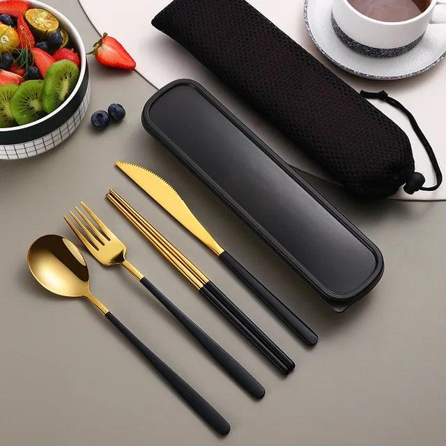 304 Tableware Set Portable Cutlery Set Dinnerware Set High Quality Stainless Steel Knife Fork Spoon Travel Flatware With Box - Ammpoure Wellbeing