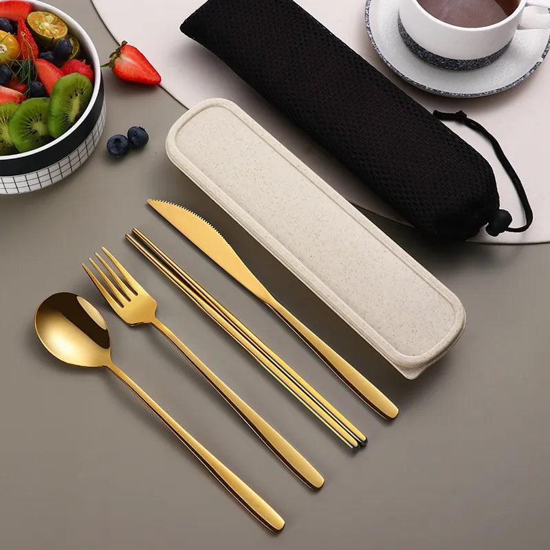 304 Tableware Set Portable Cutlery Set Dinnerware Set High Quality Stainless Steel Knife Fork Spoon Travel Flatware With Box - Ammpoure Wellbeing