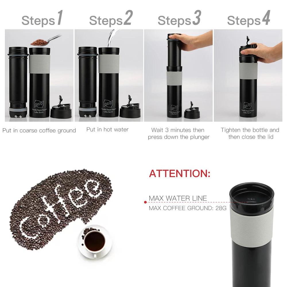 350ML Coffee Tea Portable French Press Coffee Maker Coffee Bottle Insulated Travel Mug Hand Pressure Coffee Pot For Car - Ammpoure Wellbeing