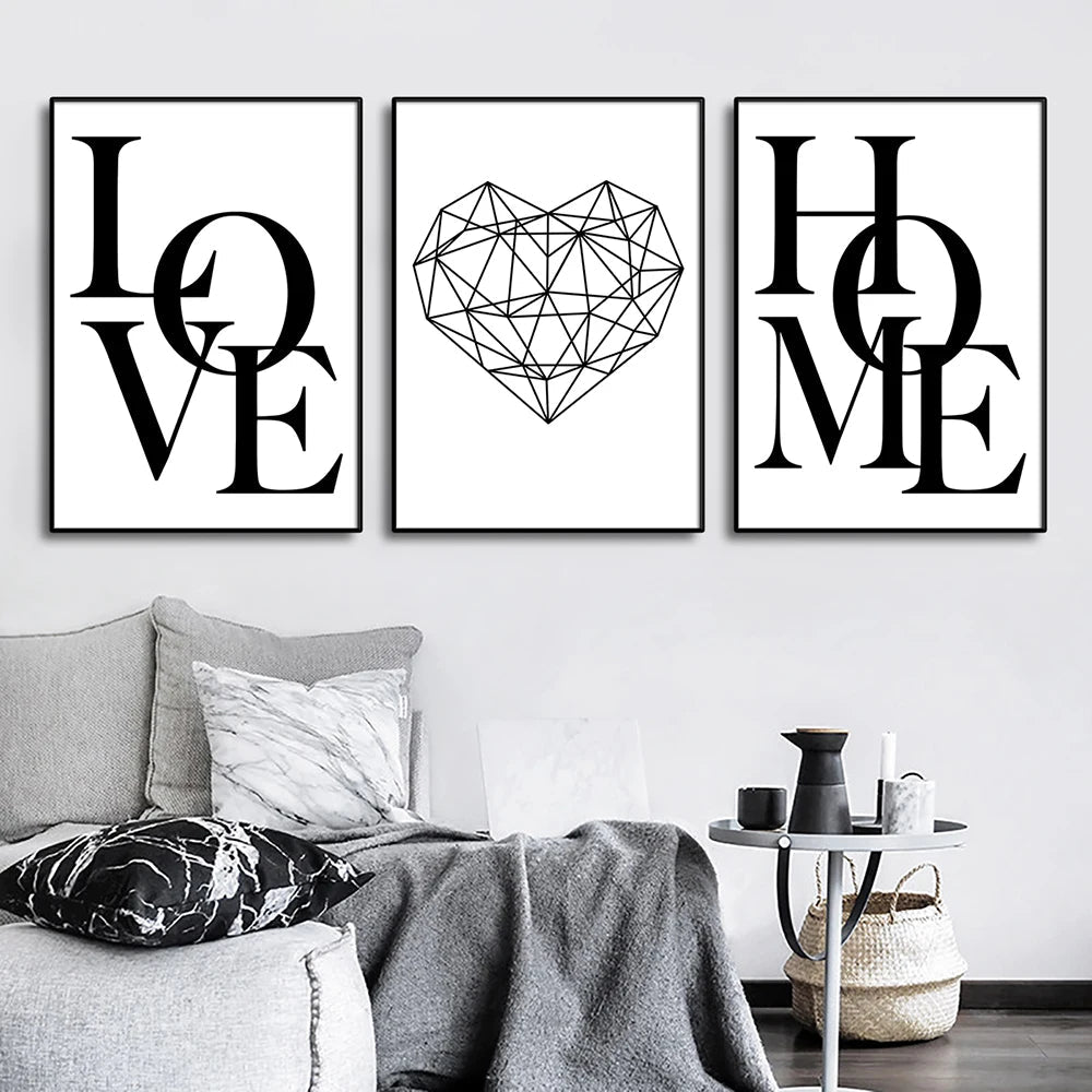 3pcs Love Home Diamond Heart Letter Canvas Prints Nordic Modern Living Room Wall Art Black White Decorative Paintings Home Decor - Ammpoure Wellbeing