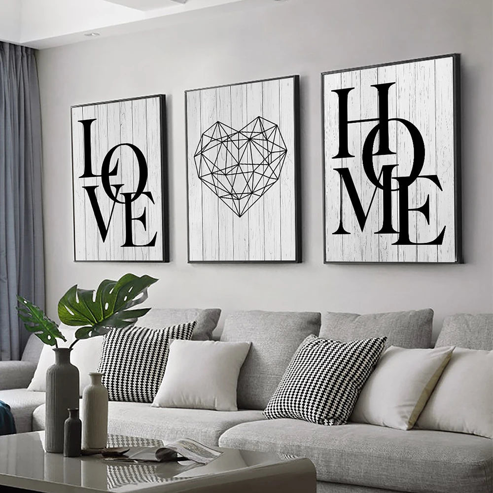 3pcs Love Home Diamond Heart Letter Canvas Prints Nordic Modern Living Room Wall Art Black White Decorative Paintings Home Decor - Ammpoure Wellbeing