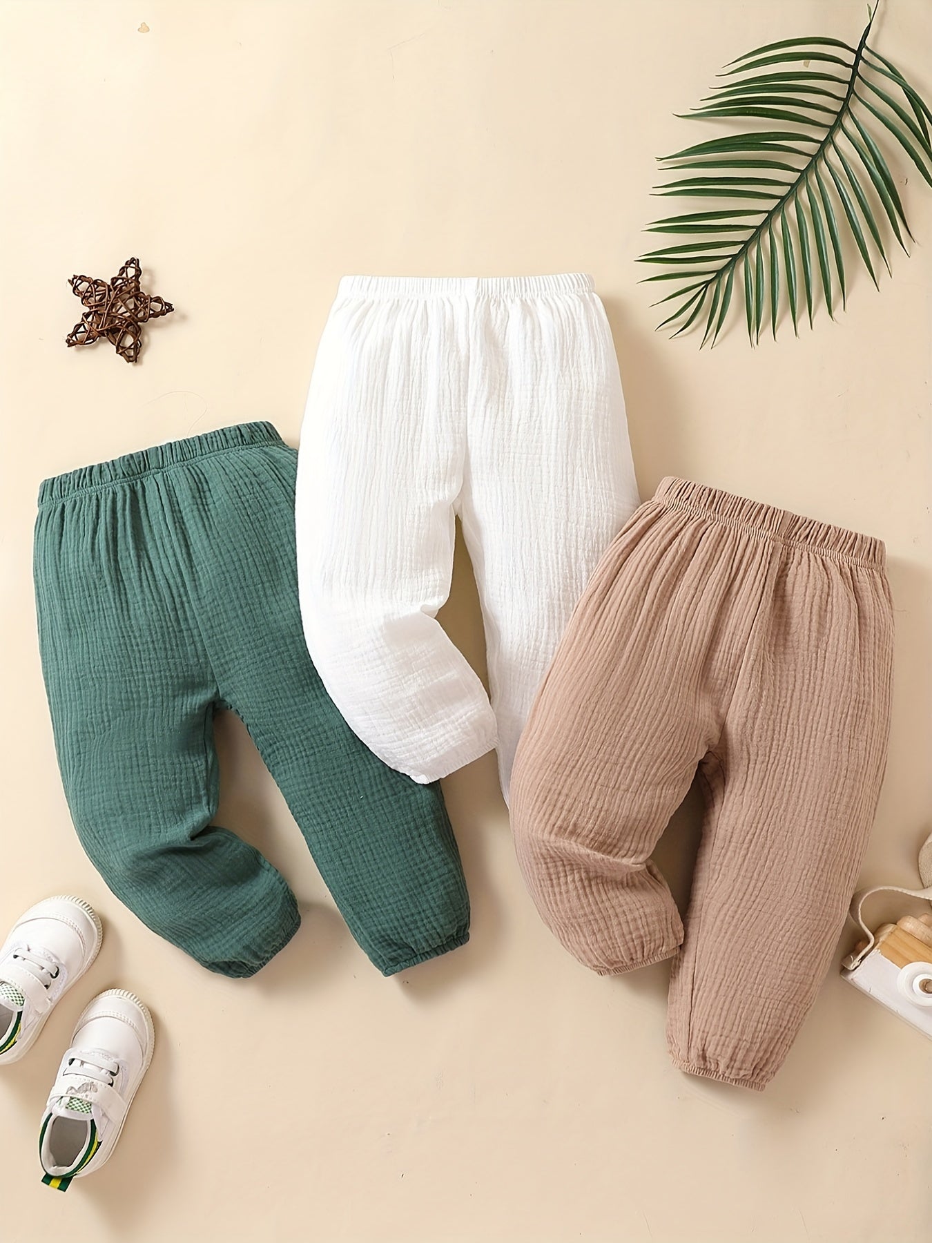 3pcs Super Soft Comfy 100% Cotton Muslin Pants Set - Elastic Waist, Breathable, Gentle on Skin, Casual Wear for Baby Boys and Girls - Perfect for All Seasons - Ammpoure Wellbeing