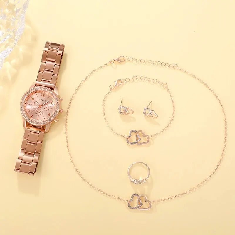 6PCS Set Rose Gold Luxury Watch Women Ring Necklace Earring Rhinestone Fashion Wristwatch Casual Ladies Bracelet Watches - Ammpoure Wellbeing