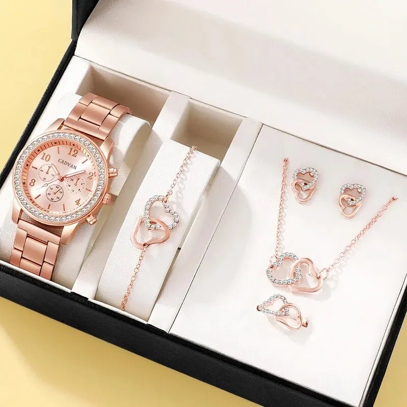 6PCS Set Rose Gold Luxury Watch Women Ring Necklace Earring Rhinestone Fashion Wristwatch Casual Ladies Bracelet Watches - Ammpoure Wellbeing