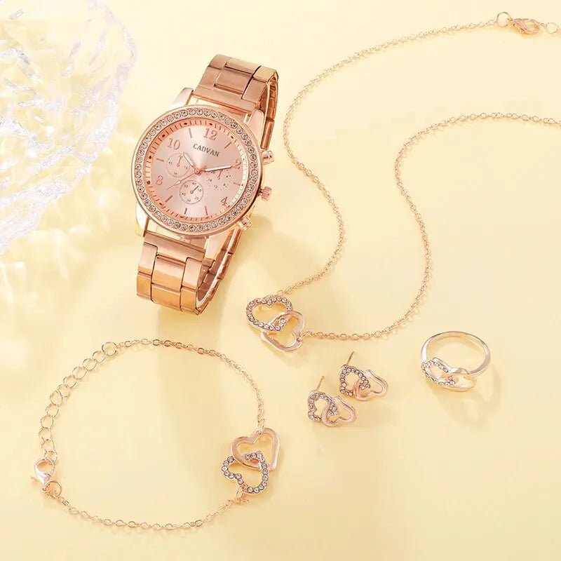 6PCS Set Rose Gold Luxury Watch Women Ring Necklace Earring Rhinestone Fashion Wristwatch Casual Ladies Bracelet Watches - Ammpoure Wellbeing