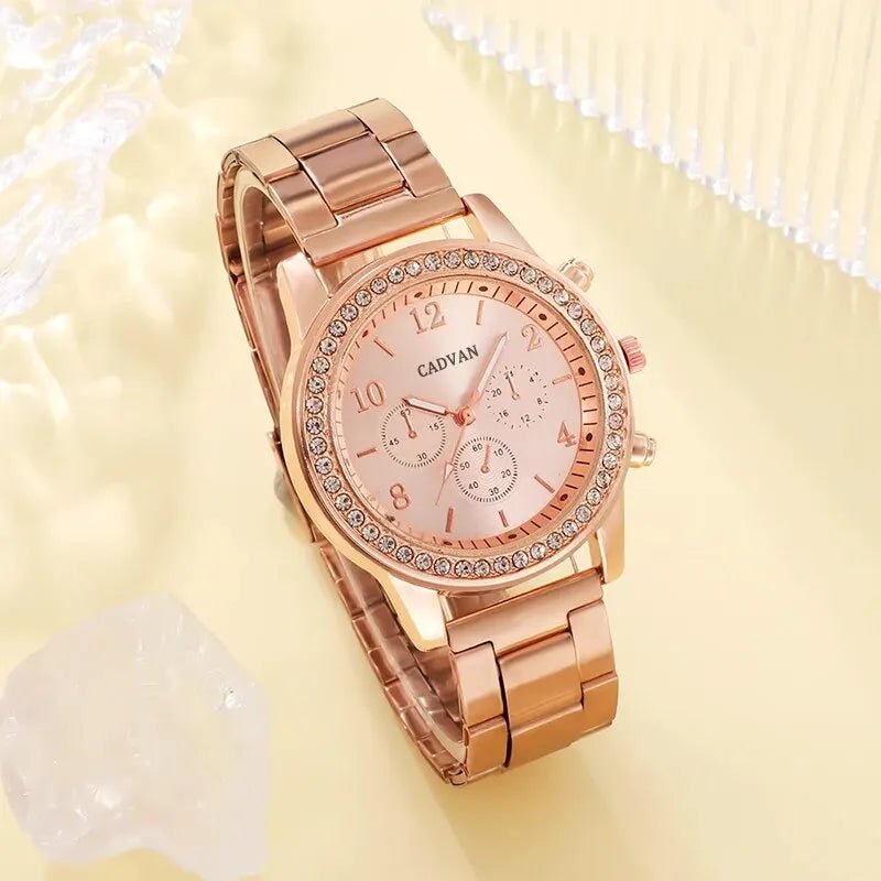 6PCS Set Rose Gold Luxury Watch Women Ring Necklace Earring Rhinestone Fashion Wristwatch Casual Ladies Bracelet Watches - Ammpoure Wellbeing