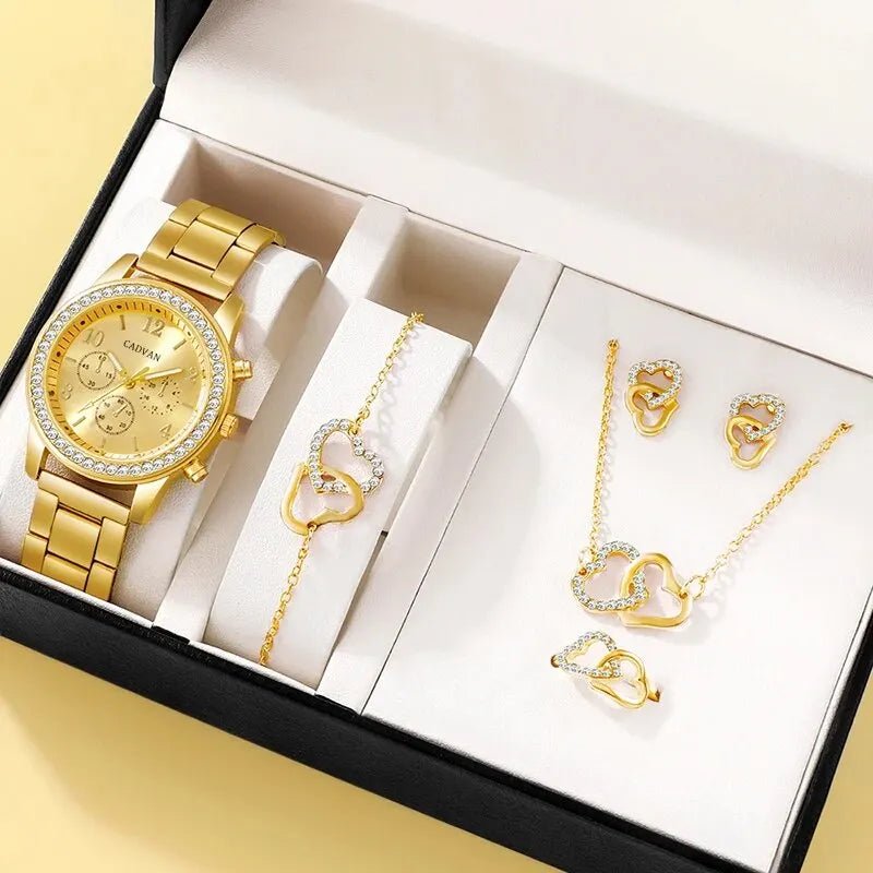 6PCS Set Rose Gold Luxury Watch Women Ring Necklace Earring Rhinestone Fashion Wristwatch Casual Ladies Bracelet Watches - Ammpoure Wellbeing