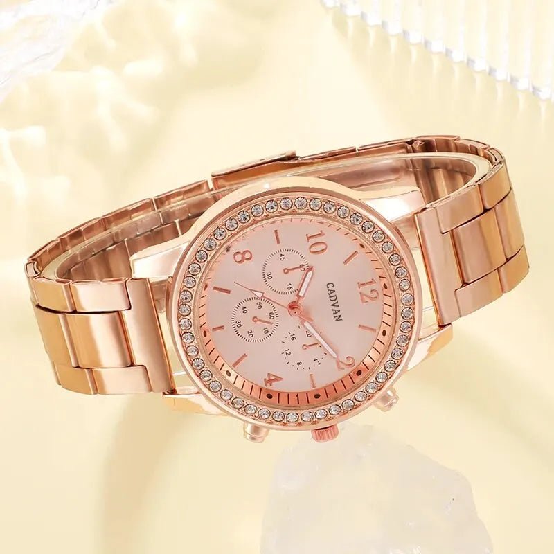 6PCS Set Rose Gold Luxury Watch Women Ring Necklace Earring Rhinestone Fashion Wristwatch Casual Ladies Bracelet Watches - Ammpoure Wellbeing