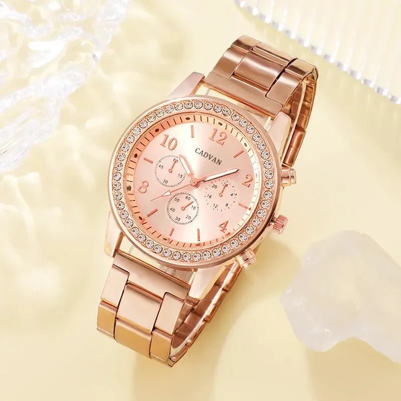 6PCS Set Rose Gold Luxury Watch Women Ring Necklace Earring Rhinestone Fashion Wristwatch Casual Ladies Bracelet Watches - Ammpoure Wellbeing