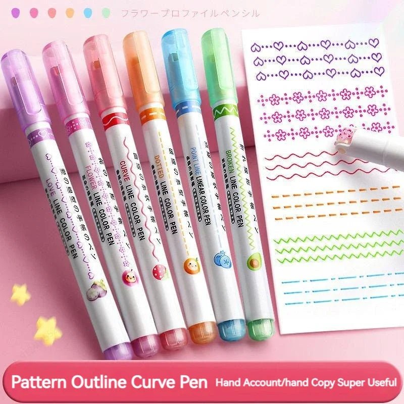 6Pcs/Set Flower Line Shape Highlighter Pen Roller Tip Curve Liner Marker Kawaii Korean Stationery School Office Supplies Gifts - Ammpoure Wellbeing