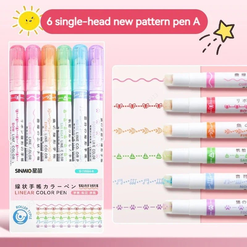 6Pcs/Set Flower Line Shape Highlighter Pen Roller Tip Curve Liner Marker Kawaii Korean Stationery School Office Supplies Gifts - Ammpoure Wellbeing