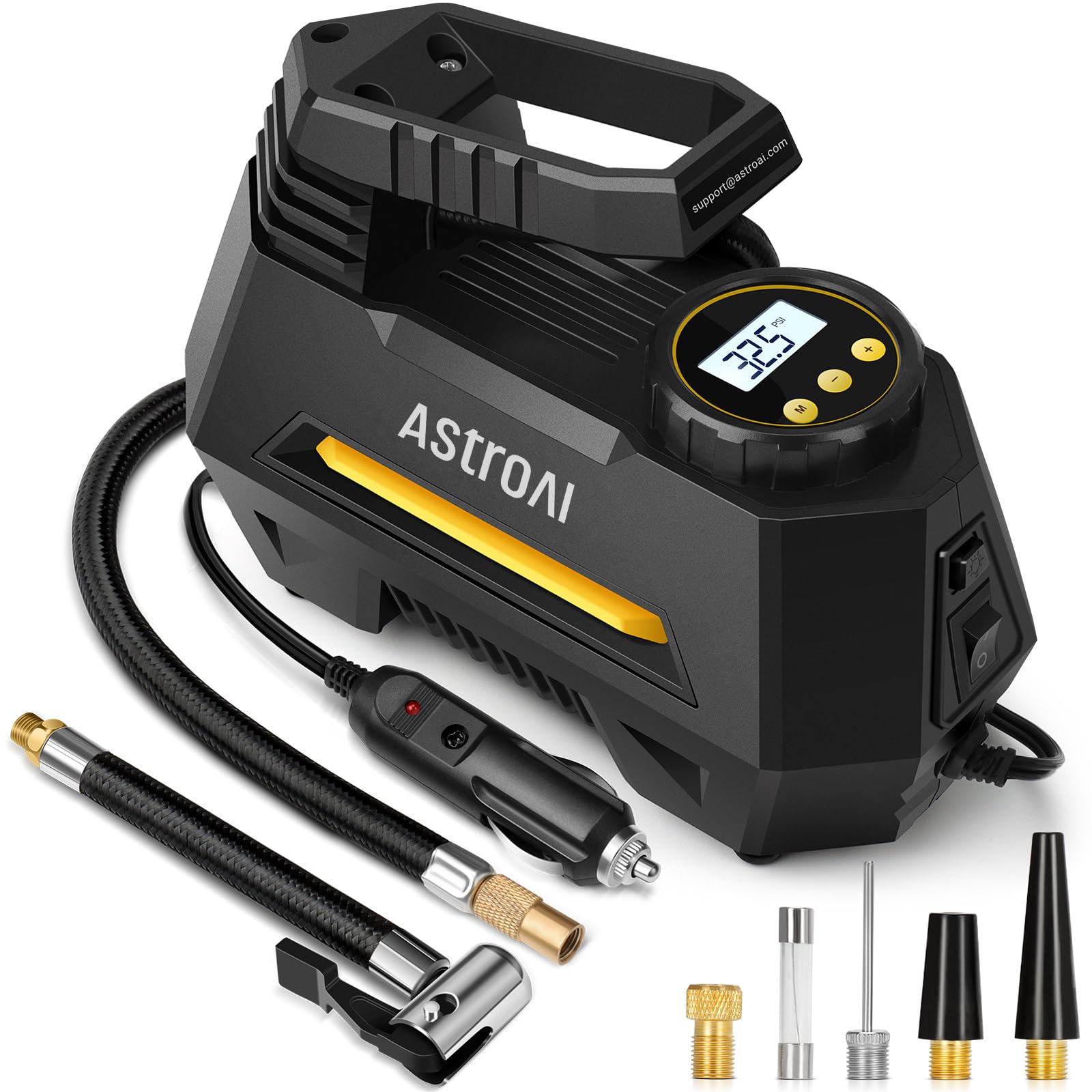 AstroAI Tyre Inflator Air Compressor 12V, Portable Electric Auto - Stop Car Tyre Pump with Tyre Pressure Gauge, Valve Adaptors and LED Light, Car Accessories, Yellow - Ammpoure Wellbeing