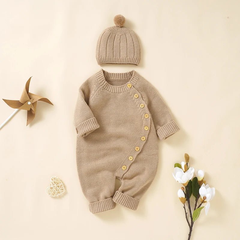 Baby Girls Rompers Clothes Autumn Solid Long Sleeve Knitted Newborn Infant Boys Onesie Hats Outfits Toddler Children Jumpsuits - Ammpoure Wellbeing