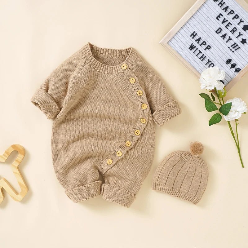 Baby Girls Rompers Clothes Autumn Solid Long Sleeve Knitted Newborn Infant Boys Onesie Hats Outfits Toddler Children Jumpsuits - Ammpoure Wellbeing