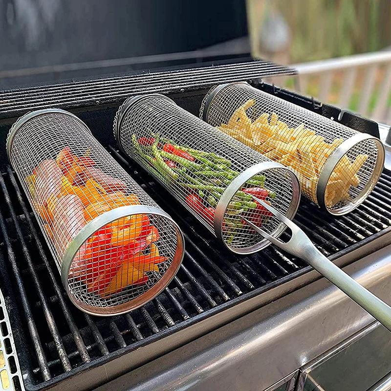 Basket Stainless Steel Rolling Grilling Basket Wire Mesh Cylinder Grill Basket Portable Round Outdoor Camping Barbecue Rack - Ammpoure Wellbeing