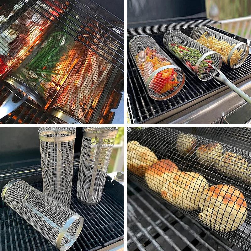 Basket Stainless Steel Rolling Grilling Basket Wire Mesh Cylinder Grill Basket Portable Round Outdoor Camping Barbecue Rack - Ammpoure Wellbeing