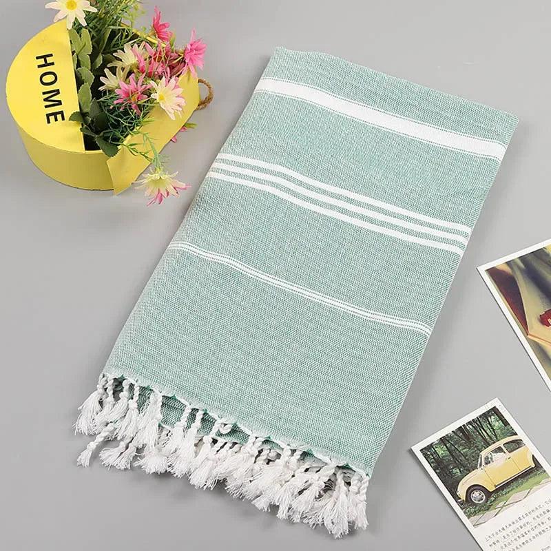 Beach Pool Blanket Absorbent Easy Care Striped Cotton Turkish Sports Bath Towel with Tassels Travel Gym Camping - Ammpoure Wellbeing