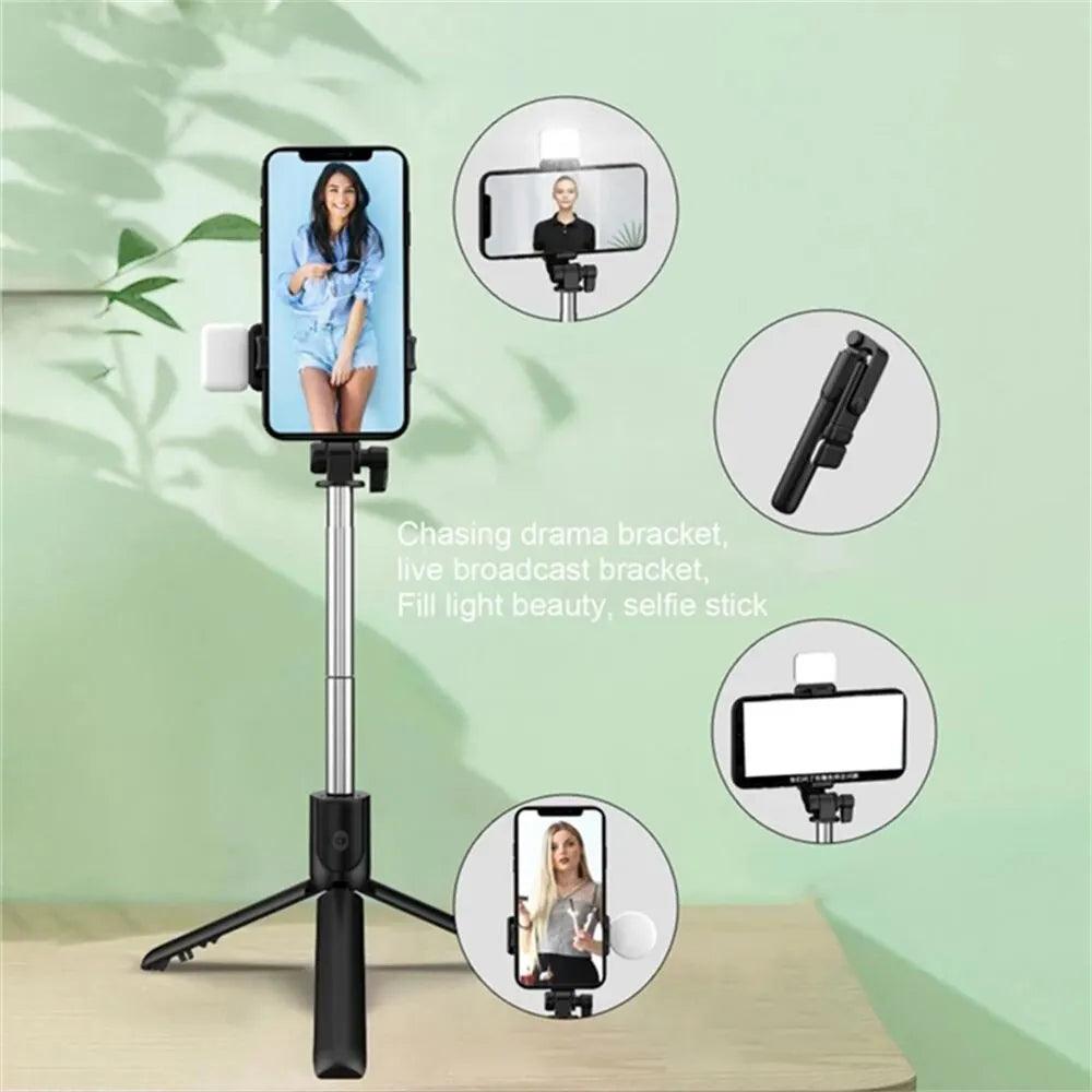 Cell Phone Selfie Stick Tripod Bluetooth Remote Wireless Selfi Stick Phone Holder Stand with Beauty Fill Light for Phone - Ammpoure Wellbeing