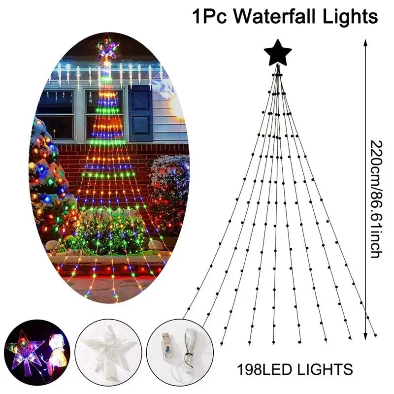 Christmas Waterfall Fairy String Lights with Topper Star, Christmas Tree Decorations for Home 2024 Navidad Natal New Year 2025 - Ammpoure Wellbeing