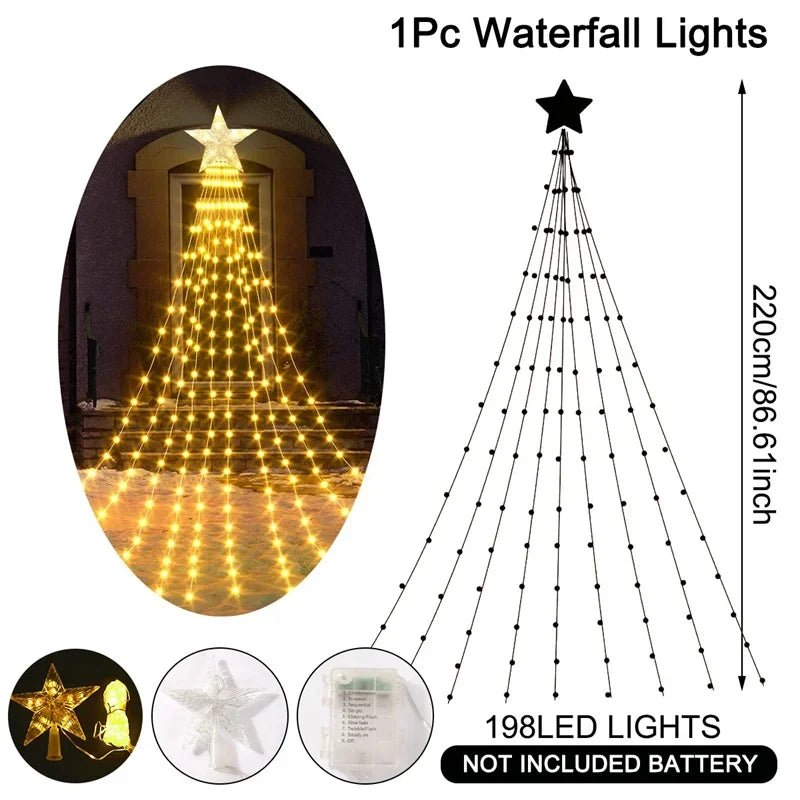 Christmas Waterfall Fairy String Lights with Topper Star, Christmas Tree Decorations for Home 2024 Navidad Natal New Year 2025 - Ammpoure Wellbeing