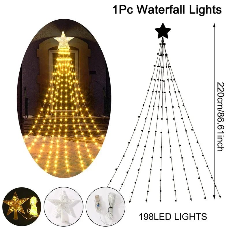 Christmas Waterfall Fairy String Lights with Topper Star, Christmas Tree Decorations for Home 2024 Navidad Natal New Year 2025 - Ammpoure Wellbeing