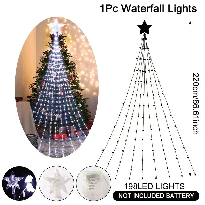 Christmas Waterfall Fairy String Lights with Topper Star, Christmas Tree Decorations for Home 2024 Navidad Natal New Year 2025 - Ammpoure Wellbeing