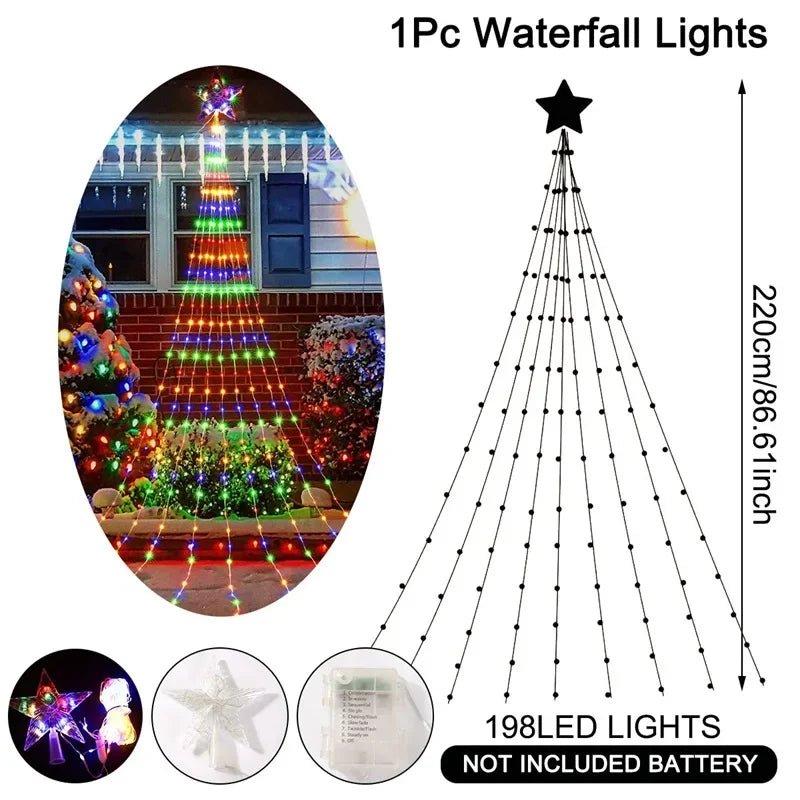 Christmas Waterfall Fairy String Lights with Topper Star, Christmas Tree Decorations for Home 2024 Navidad Natal New Year 2025 - Ammpoure Wellbeing