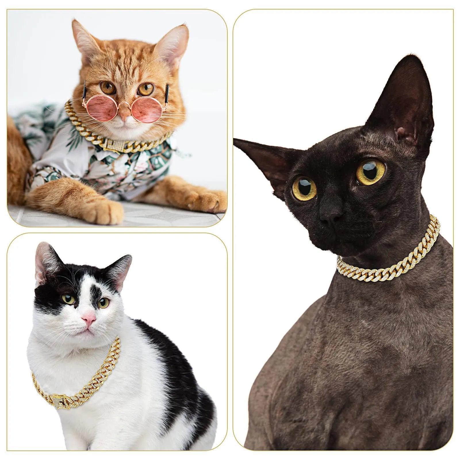 Dog Cat Chain Diamond Cuban Collar Walking Metal Chain Collar with Design Secure Buckle, Pet Cat Cuban Collar Jewelry Accessories - Ammpoure Wellbeing