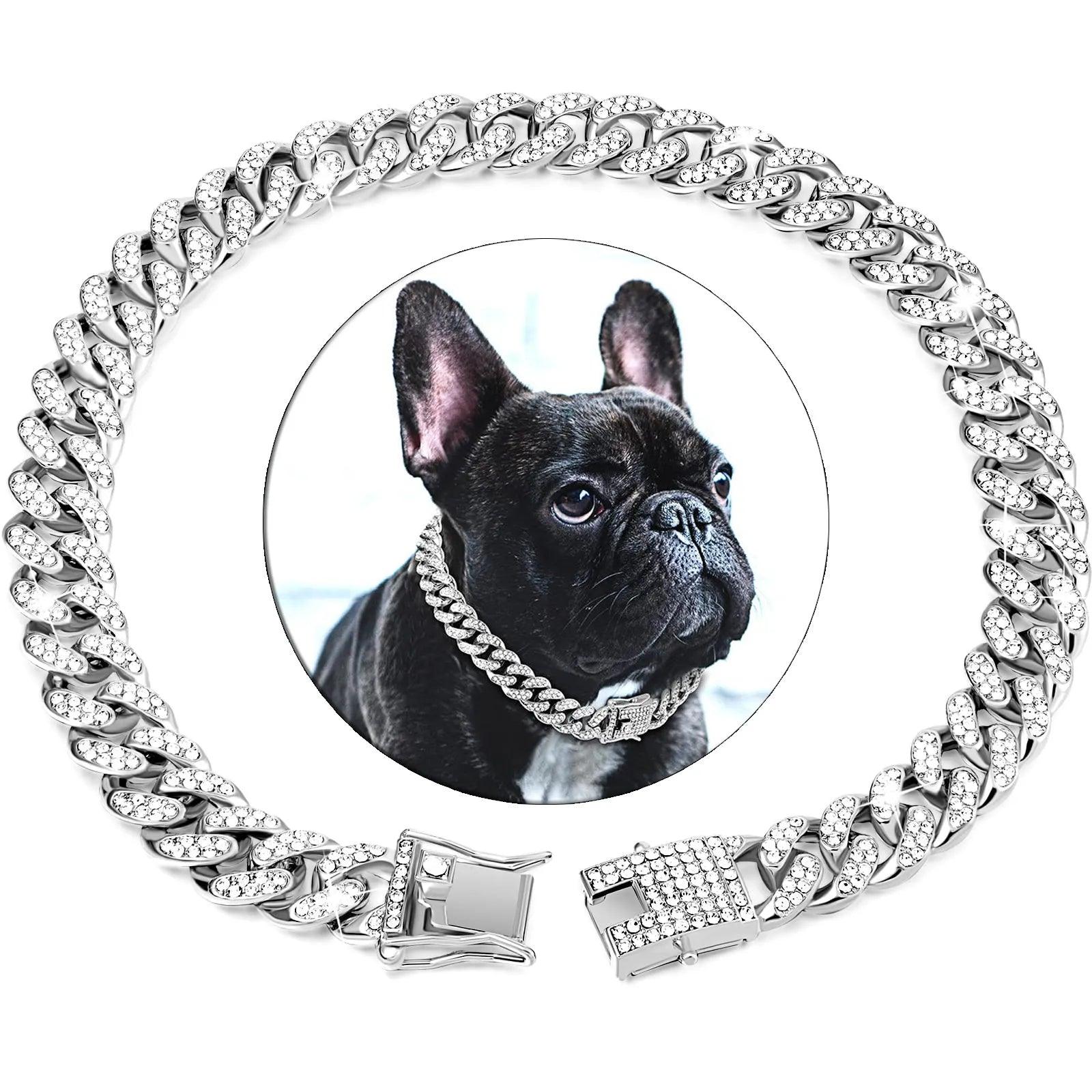 Dog Cat Chain Diamond Cuban Collar Walking Metal Chain Collar with Design Secure Buckle, Pet Cat Cuban Collar Jewelry Accessories - Ammpoure Wellbeing