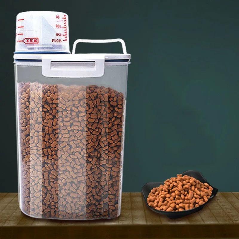 Dog Cat Food Pail Plastic Storage Tank with Measuring Cup Container Moisture - proof Sealed Jar Pet Supplies Accessories - Ammpoure Wellbeing