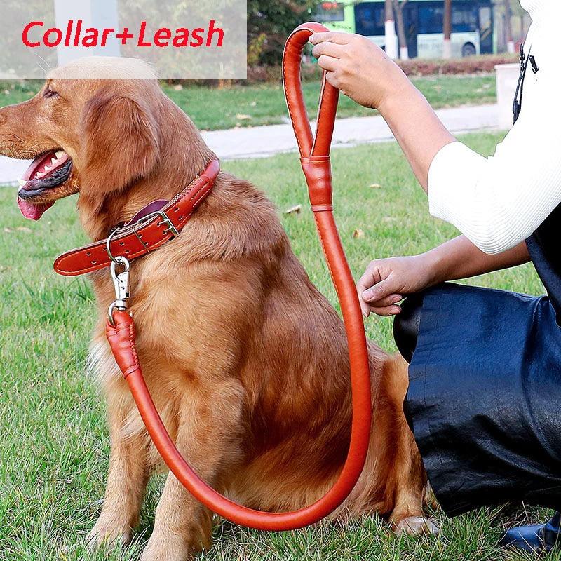 Dog Collar Leash Set Harness Pet Collar Leather Large Dog Puppy Accessories Pets Supplies German Shepherd Golden Retriever - Ammpoure Wellbeing