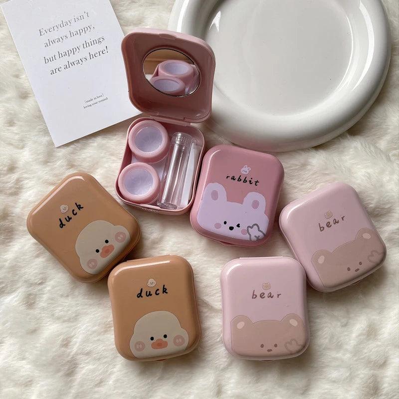 Fashion Cute Pink Little Bear Rabbit Duck Portable Contact Lens Case for Women Travel Holder with Mirror Contact Lenses Box - Ammpoure Wellbeing