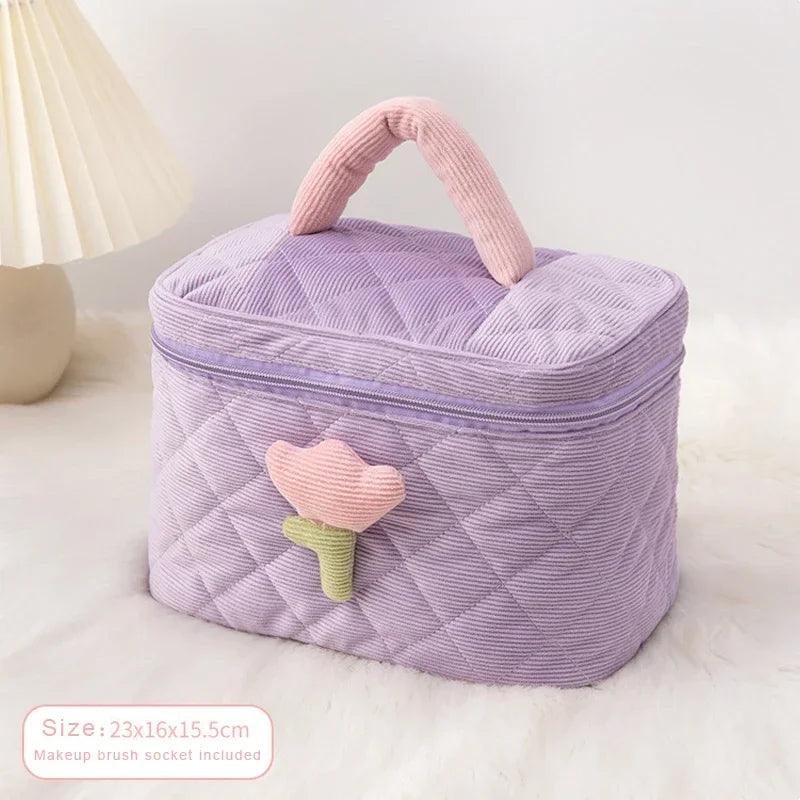 Fashion Women's Tulip Flowers Pouch Large Capacity Travel Cosmetic Bag Corduroy Zipper Bags Portable Storage Make Up Organizer - Ammpoure Wellbeing