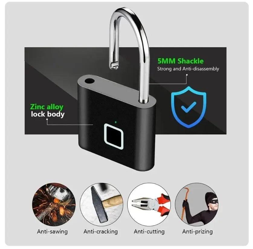 Fingerprint Lock Keyless Waterproof Anti - Theft Smart Lock Fingerprint Padlock Zinc Alloy Intelligent Safety Electronic DoorLock - Ammpoure Wellbeing