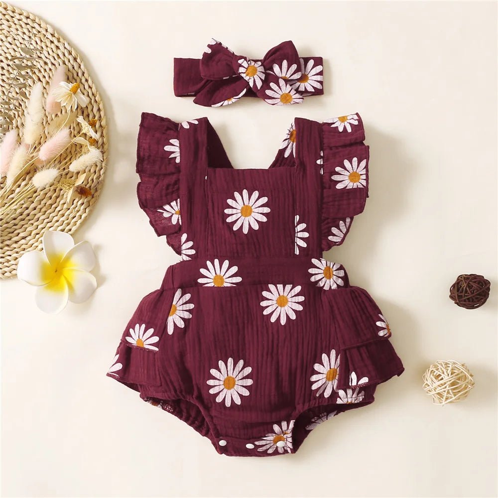 Infant Baby Girl Romper Clothes Ruffle Sleeveless Newborn Bodysuit with Headband Summer Jumpsuit Fashion Toddler Outfit Suit - Ammpoure Wellbeing