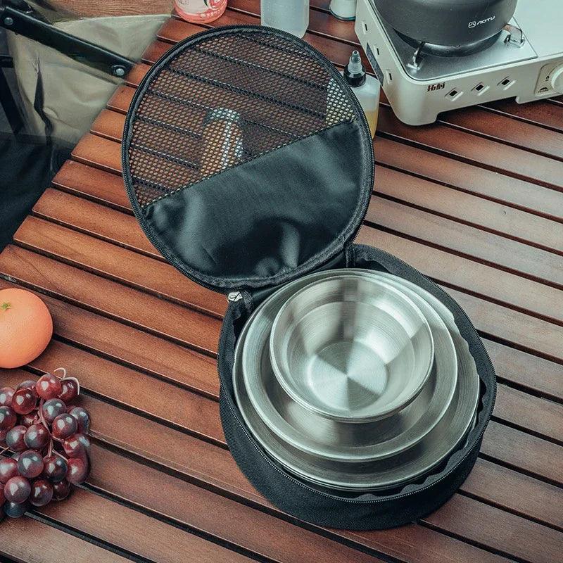 Large Capacity Camping Dinnerware Bag Outdoor Tableware Stainless Steel Plate Bowl Organizer For Hiking Travel Picnic Bag - Ammpoure Wellbeing