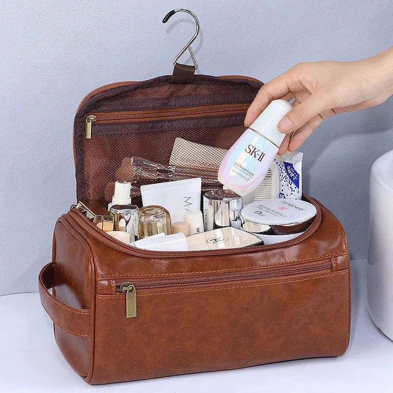 Leather Men Business Portable Storage Bag Toiletries Organizer Women Travel Cosmetic Bag Hanging Waterproof Wash Pouch - Ammpoure Wellbeing