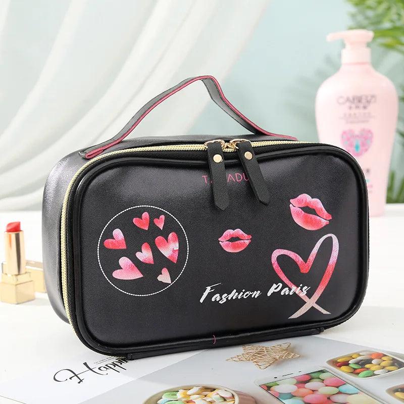 Leather Portable Women Cosmetic Bag Multifunction Travel Toiletry Storage Organize Handbag Waterproof Female Makeup Case - Ammpoure Wellbeing