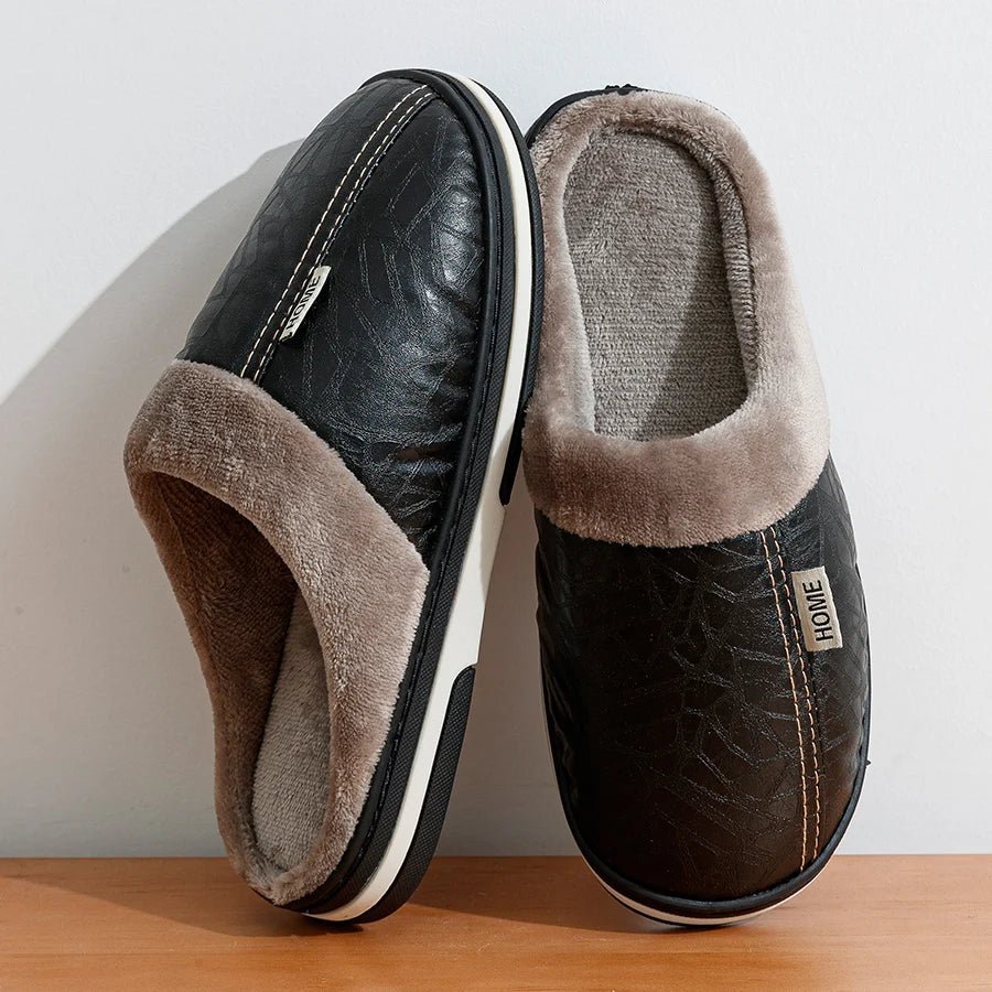 Men's slippers Winter Big Size Indoor Waterproof PU Leather Large Sizes Home Cotton shoes Fur Flat Cotton Bedroom Houseshoes - Ammpoure Wellbeing