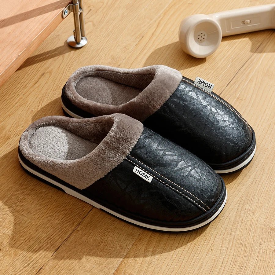 Men's slippers Winter Big Size Indoor Waterproof PU Leather Large Sizes Home Cotton shoes Fur Flat Cotton Bedroom Houseshoes - Ammpoure Wellbeing