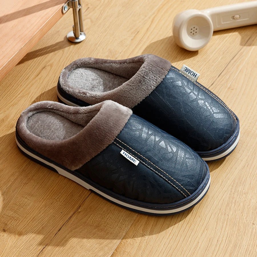 Men's slippers Winter Big Size Indoor Waterproof PU Leather Large Sizes Home Cotton shoes Fur Flat Cotton Bedroom Houseshoes - Ammpoure Wellbeing