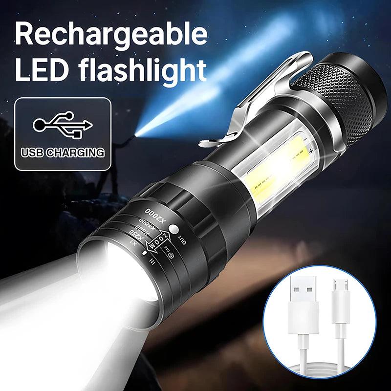 Mini Torch LED Rechargeable Flashlight Portable USB Charging Flashlight With COB Light HighPower Bank Camping Long Range Lantern - Ammpoure Wellbeing